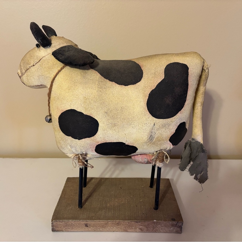 Folk Art Home Decor 12" Mix-Medium Fabric Metal Wood Black + White Cow Sculpture